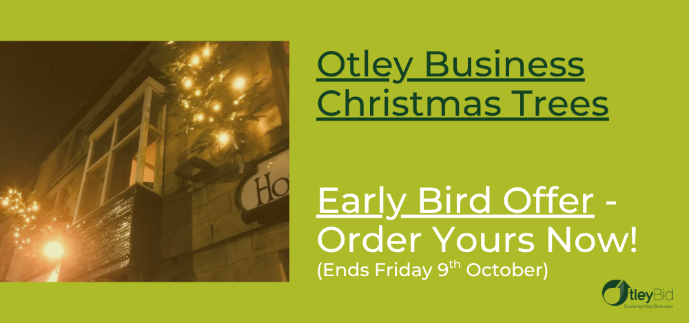 Illuminated Christmas tree outside an Otley business, promoting Otley BID’s Early Bird Christmas tree offer, ending Friday 9 October